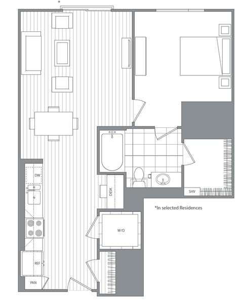 Floor plan for 1 bed, 1 bath, 839 sqft